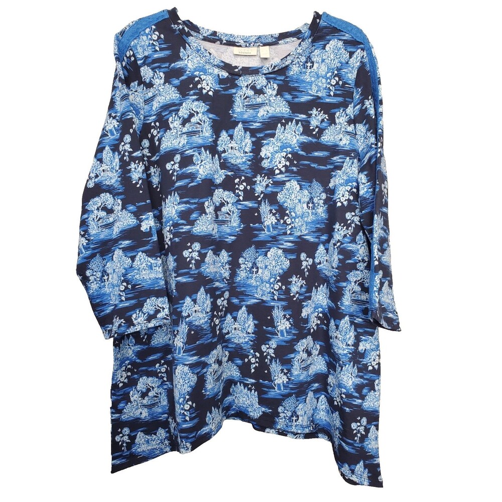 LOGO Lounge Lori Goldstein Blue Lavender Floral Print French Terry Tunic Size XL